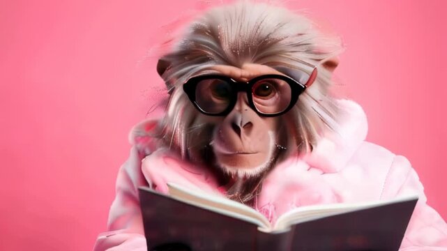 A monkey with glasses is reading a book.