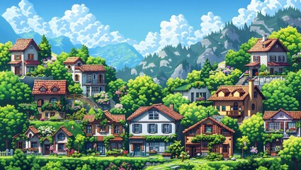 Fototapeta premium A picturesque village nestled in lush greenery, where quaint houses adorned with flowers stand in harmony, surrounded by majestic mountains and a vibrant blue sky, inviting peace.