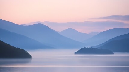 Fototapeta premium Serene Landscape Featuring a Misty Mountain Range at Sunrise, Gentle Hills, and a Peaceful Lake