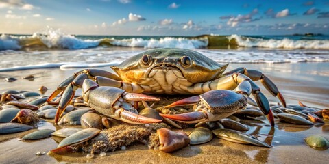 A scavenging Charybdis feriata, a highly prized swimming crab, feeds on decomposing fish carcasses washed ashore, highlighting its crucial role in marine ecosystem cleanup.