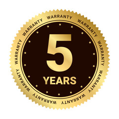 5 years warranty label. Five Years warranty Sticker label in golden color. Warranty stamp or banner for service provider. Gold Stars and Five years text label, tag or stamp Premium Quality warranty