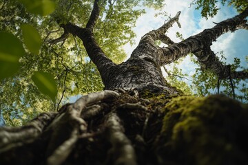 Fototapeta premium Trees growing upside down from the sky, roots reaching towards the ground, high resolution, detailed textures, crisp focus