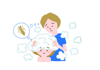 シラミ除去シャンプーを使用する親子