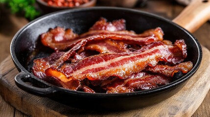 Captivating Image of Sizzling Bacon Strips Cooked to Crispy Perfection in a Skillet, Presented on a Wooden Cutting Board for a Cozy Feel