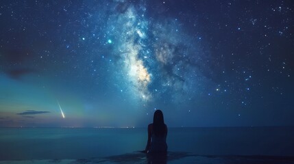 Fototapeta premium Meteor Shower Watching: Find a dark, secluded area to enjoy a meteor shower. Lie back and watch the night sky come alive with dazzling streaks of meteors falling across it. 