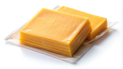 A single, unopened pack of sharp cheddar cheese slices lies on a clean, white background, awaiting use in a snack or recipe, with a prominent label.