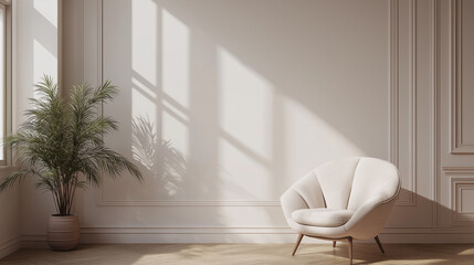 Fototapeta premium The beautifully designed Scandinavian interior features a simple and elegant armchair near a large window. The room is flooded with natural light, casting soft shadows on the floors and walls.