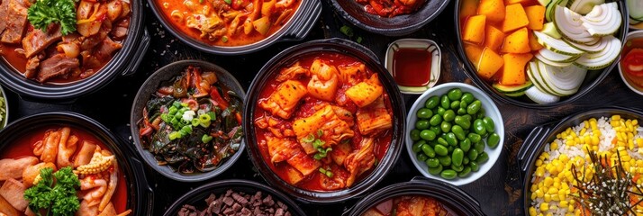 Fototapeta premium Korean dish showcasing kimchi stew, pork bulgogi, tofu, pork belly, and various traditional accompaniments.