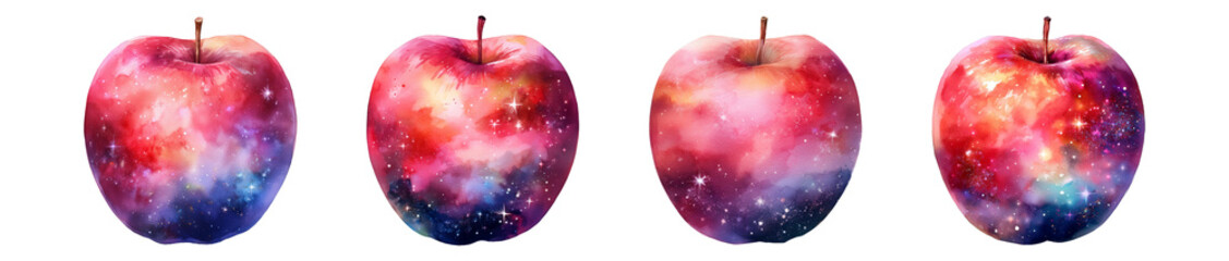 宇宙のような模様の赤いリンゴのイラストセット