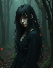Fototapeta premium A mysterious and enchanting young woman, she looks scary and dark.
