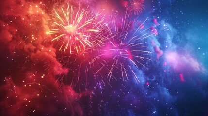 Fototapeta premium Fireworks Display: Enjoy a dazzling fireworks show, whether at an event or your own (if allowed). The colorful bursts light up the night sky, creating a festive mood. 