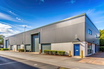 Fototapeta premium A small industrial warehouse with metal cladding features large commercial signboards and logos, situated alongside a car park in a suburban business area.