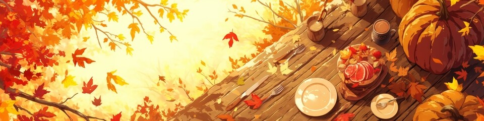 Fototapeta premium Enchanting Anime-Style Autumn Forest Village: Magical Halloween and Thanksgiving Scene. Rustic Wooden Table with Pumpkins, Cutlery, and Golden Leaves. Creative Marketing Visual for Seasonal Celebratio
