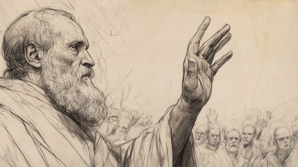 Fototapeta premium Leviticus Scene: Priest Waving Wave Offering, Congregation Observing, Biblical Illustration, Bible Wall Art, Beige Background