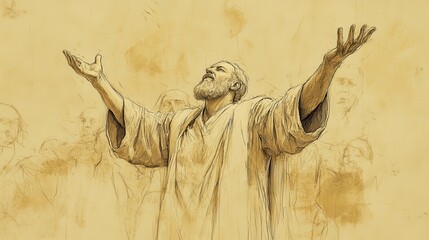 Bible Wall Art of Leviticus, The Priests Begin Their Ministry, Aaron lifting hands to bless people, solemn, Biblical Illustration with beige background