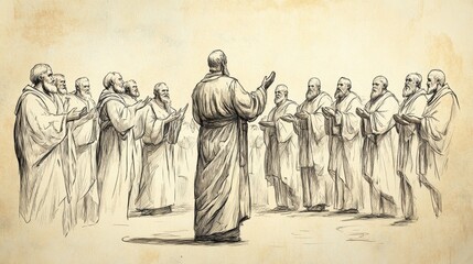 Fototapeta premium Bible Wall Art of Leviticus, Various Laws, High priest praying thanksgiving for community's adherence, Biblical Illustration with beige background