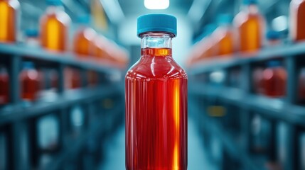 A clear bottle filled with vibrant red liquid, surrounded by blurred rows of similar bottles in a pharmaceutical setting.