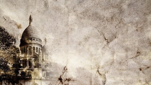 Collage of moving main landmarks of Paris on old grunge paper with time lapse of sky with clouds. Sacre Coeur, Notre Dame and Eiffel Tower. 4k creative video animation with parallax effect.