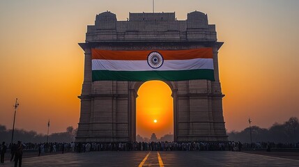 Fototapeta premium The Indian flag draped gracefully over a monument, symbolizing national pride 
