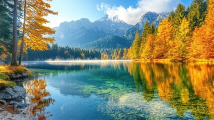 Naklejka premium Autumnal Serenity: A Tranquil Mountain Lake Reflection