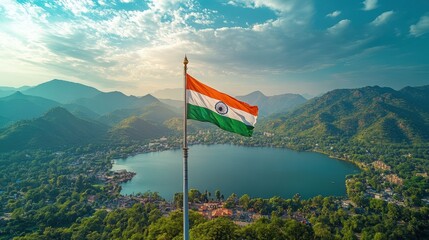 The Indian flag flying high on a flagpole, with a scenic landscape in the background
