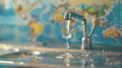 A single drop of water from a water faucet over a global map