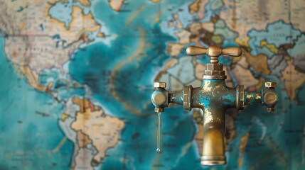 A single drop of water from a water faucet over a global map