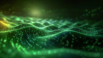 Futuristic Data Technology Illustration background with a Wave of Bright Particles Forming a 3D Landscape, Showcasing Big Data Visualization and an Abstract Network of Dots and Lines in Hyper-Realisti