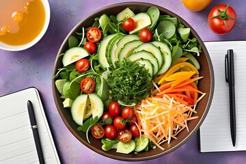 Fresh salad with vibrant colors, blank notebook, and pen on table.