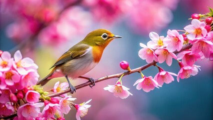 Bird with pink sakura blossoms in its beak, bird, pink, sakura, blossoms, nature, wildlife, cherry, tree, petals, spring