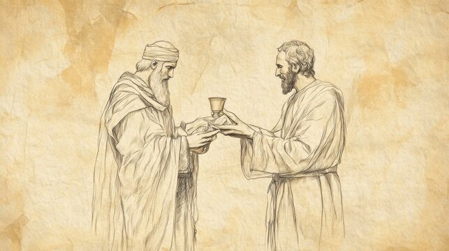 Leviticus Scene: Israelite Redeeming Firstborn Son with Shekel, Priest Performing Ritual, Biblical Illustration, Bible Wall Art, Beige Background