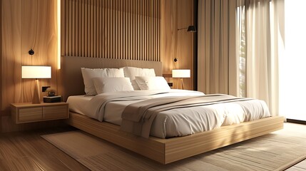 A sleek bedroom including a big bed and wooden nightstands