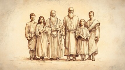 Fototapeta premium Bible Wall Art of Leviticus, The Ordination of Aaron and Sons, Priestly family ready for service, Biblical Illustration with beige background
