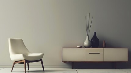 Minimalist Living Room with White Chair and Wooden Sideboard - 3D Illustration