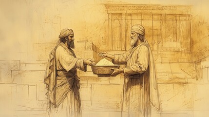 Bible Wall Art of Leviticus, The Grain Offering, Israelite presenting flour to priest, Tabernacle background, Biblical Illustration with beige background