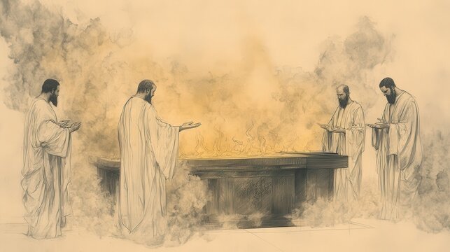 Leviticus Scene: Priests Conducting Burnt Offering Ritual, Flames and Smoke, Biblical Illustration, Bible Wall Art, Beige Background
