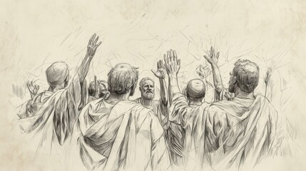 Bible Wall Art of Leviticus, The Ordination of Aaron and Sons, Moses and priests blessing people, hands raised in peace, Biblical Illustration with beige background