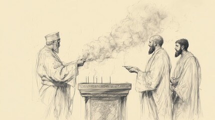 Fototapeta premium Bible Wall Art of Leviticus, The Ordination of Aaron and Sons, High priest offering incense on altar, Biblical Illustration with beige background