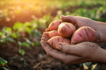 Hands holding sweet potato on sweet potato fields , Generative AI