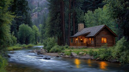 A cozy log cabin nestled by a tranquil river, surrounded by lush greenery and towering trees. Ideal for nature escapes.