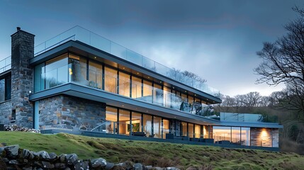 Obraz premium A sleek contemporary residence with a minimalistic appearance a glass home amid the highlands