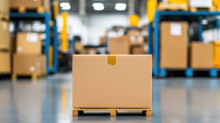 A single cardboard box on a wooden pallet in a spacious warehouse, showcasing a clean and organized storage environment.