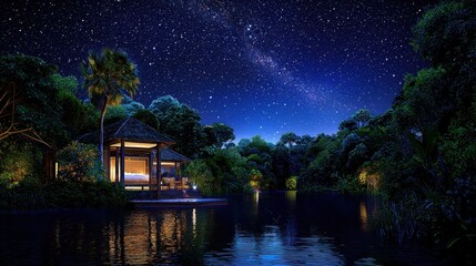 Fototapeta premium A serene night scene depicting a cozy cabin by the water, surrounded by lush trees under a starry sky.