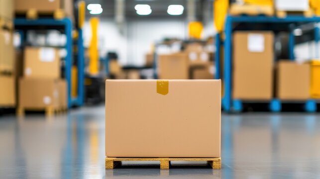 A single cardboard box on a wooden pallet in a spacious warehouse, showcasing a clean and organized storage environment.