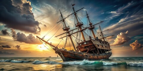 Fototapeta premium Pirate shipwreck with tattered sails , abandoned, wreckage, stranded, ocean, sea, adventure, old, vintage, decay, mast, treasure