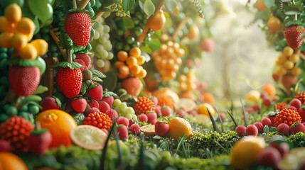 Design a die-cut layout of a magical orchard at a dynamic angle, highlighting fantastical fruits with  design, die, cut, layout, magical, orchard, dynamic, angle, highlight, fantastical, visually, dre