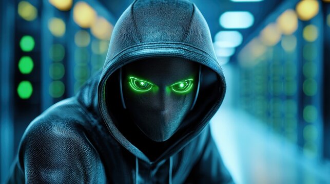 A mysterious figure in a dark hoodie with glowing green eyes, set against a backdrop of a high-tech server room.