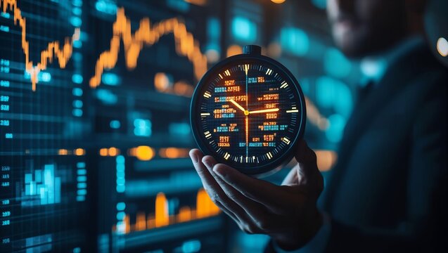 A businessman holding a digital clock against a backdrop of fluctuating financial graphs, symbolizing the ever-changing pulse of the market and the essence of time management.