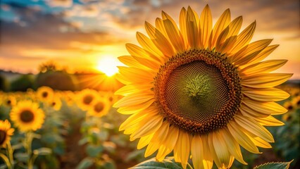Obraz premium Close up of a sunflower's center during golden hour, Sunflower, Close up, Petals, Flower, Yellow, Golden, Center, Botanical