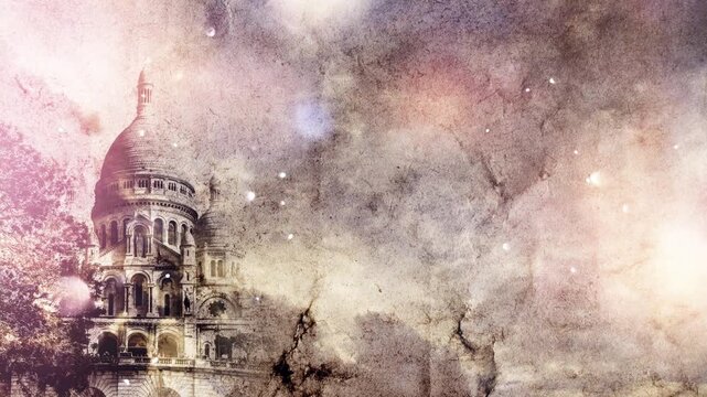Collage of moving main landmarks of Paris on old grunge paper with time lapse of sky with clouds and slow motion of flying dust. Sacre Coeur, Notre Dame and Eiffel Tower. 4k creative video animation.
